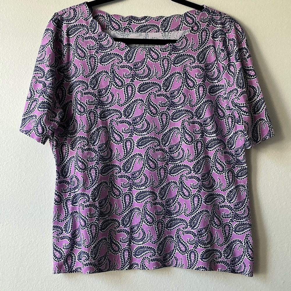 Talbots 100% Pima Cotton Paisley Boatneck Top - Size L - Purple/Navy